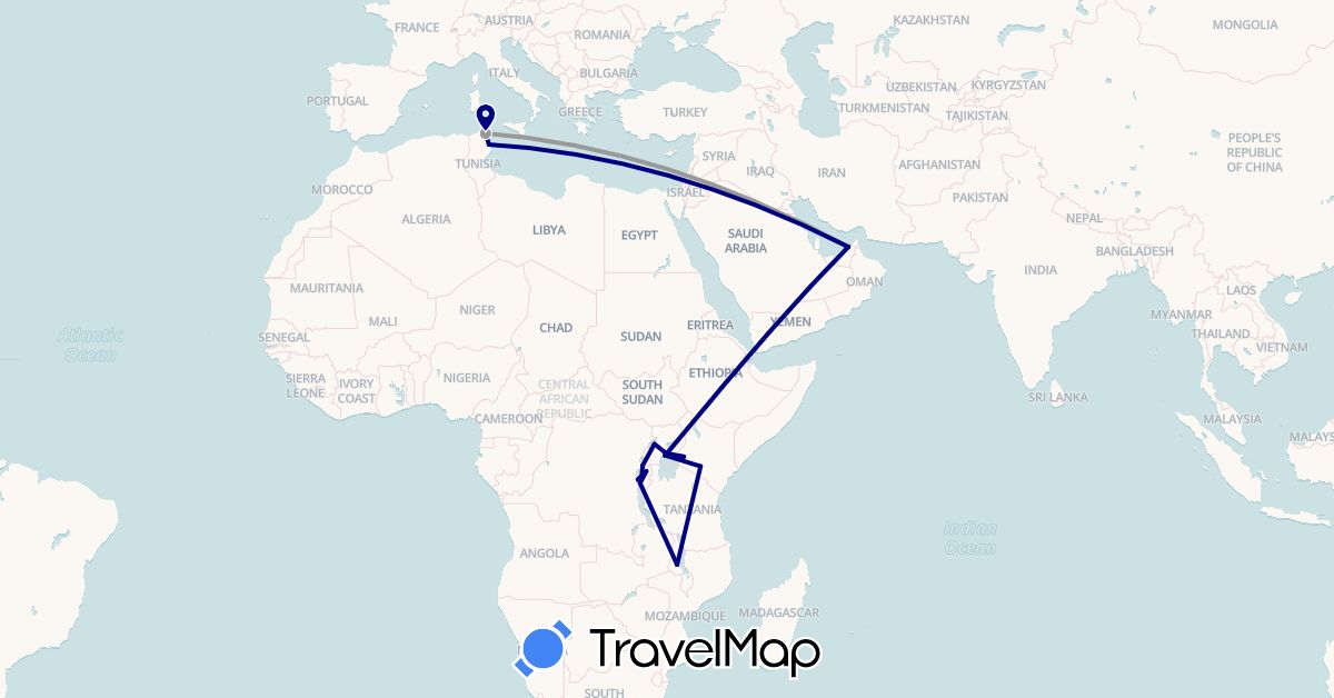 TravelMap itinerary: driving, plane in United Arab Emirates, Burundi, Kenya, Malawi, Rwanda, Tunisia, Uganda (Africa, Asia)